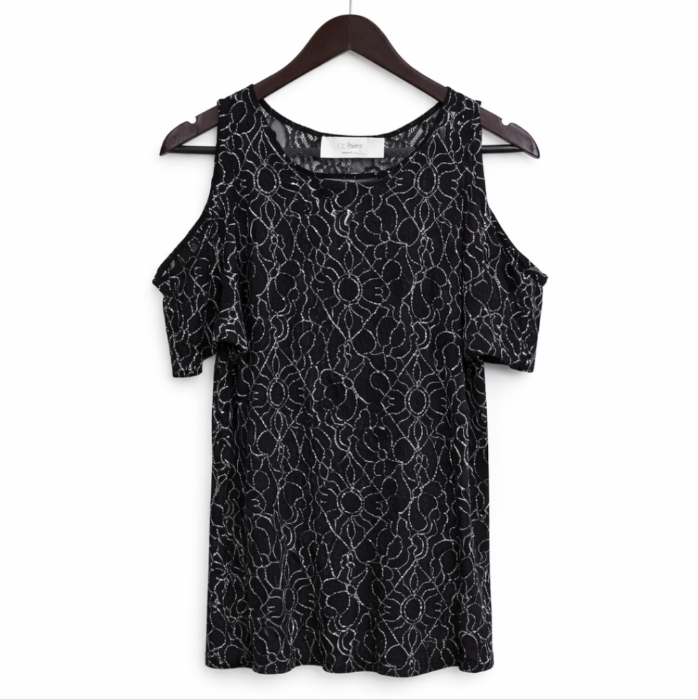 🎉LOFT Black Lace Sheer Cold Shoulder Top Sz Med